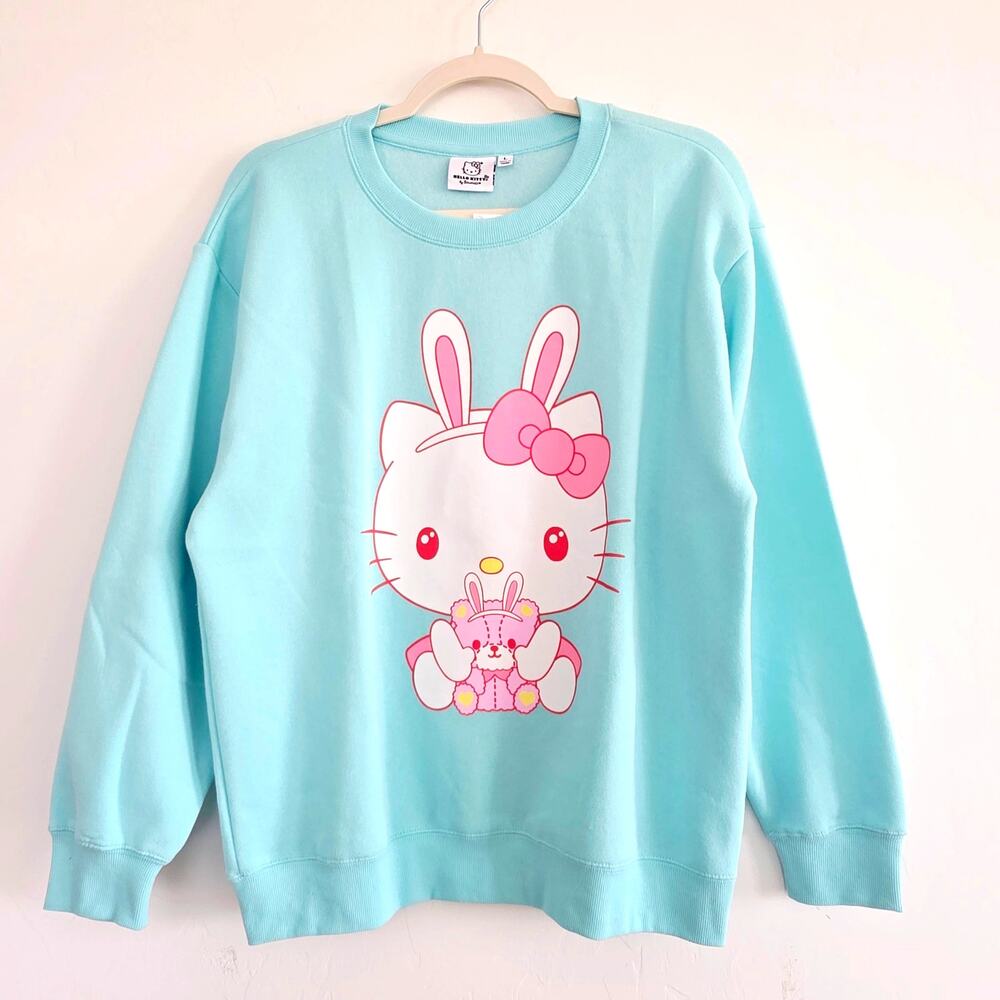 Hello Kitty Teal Blue & Pink Bunny & Teddy Bear Pullover Sweatshirt Size Large